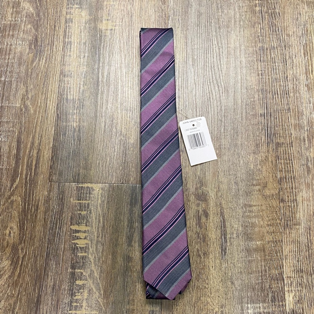 John Varvatos USA Necktie Mens OS Purple Grey Stripe Silk Cotton Narrow NWT